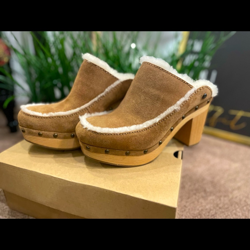 UGG Chestnut Suede Shearling-Trim Platform Clog Wedges